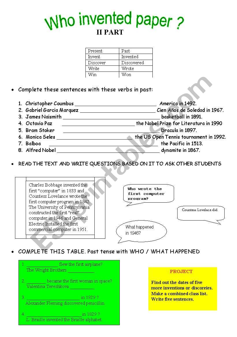 Who invented paper? simple past II part