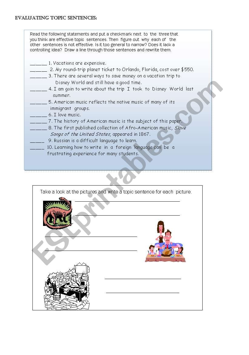 Evaluating topic sentences worksheet