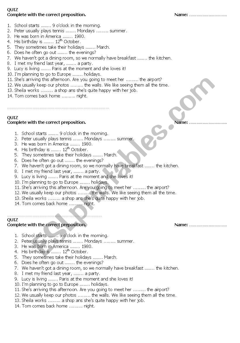 Prepositions quiz worksheet