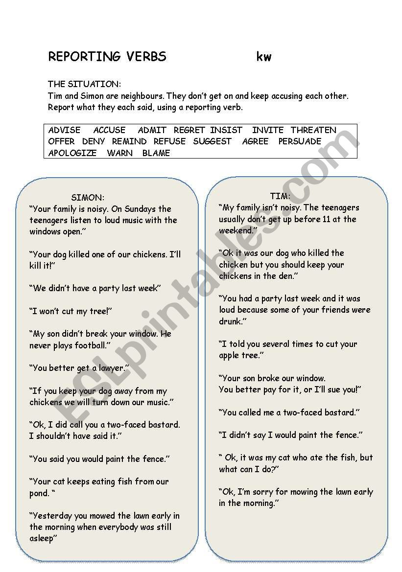 reporting verbs worksheet