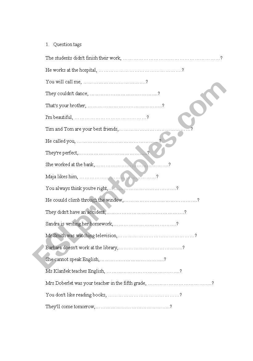 tag questions worksheet worksheet