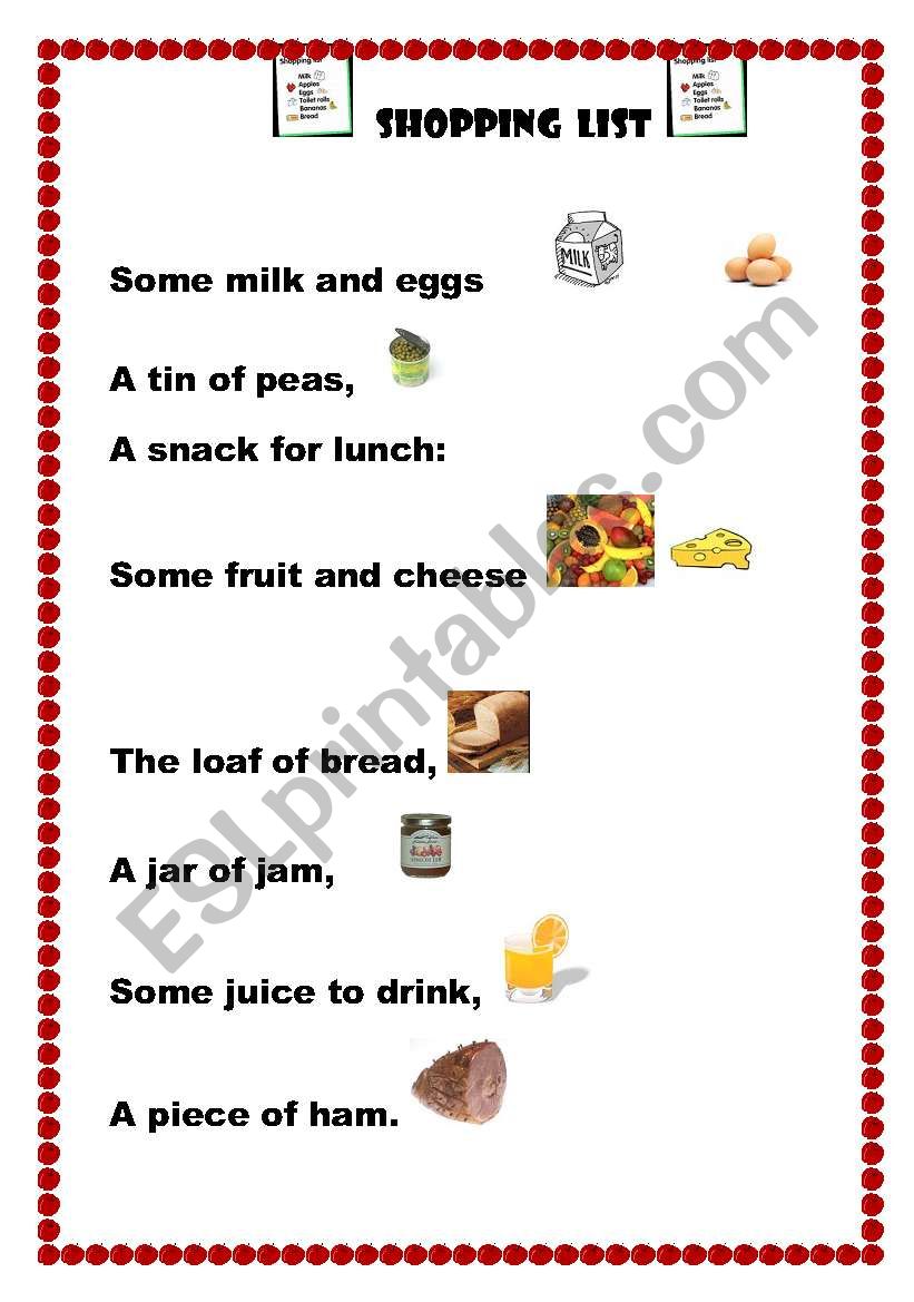 Poem shopping list worksheet