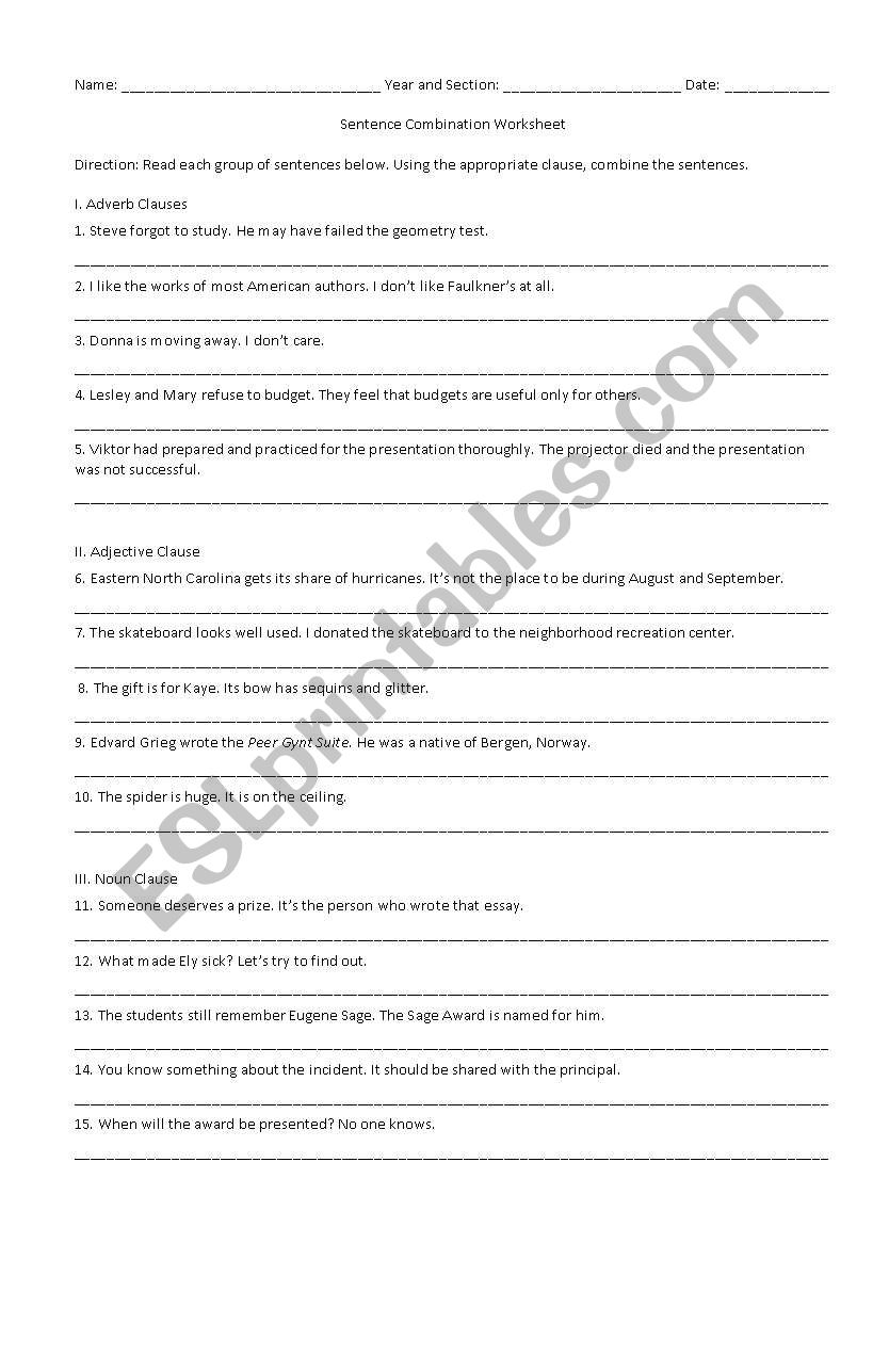 Sentence combination worksheet