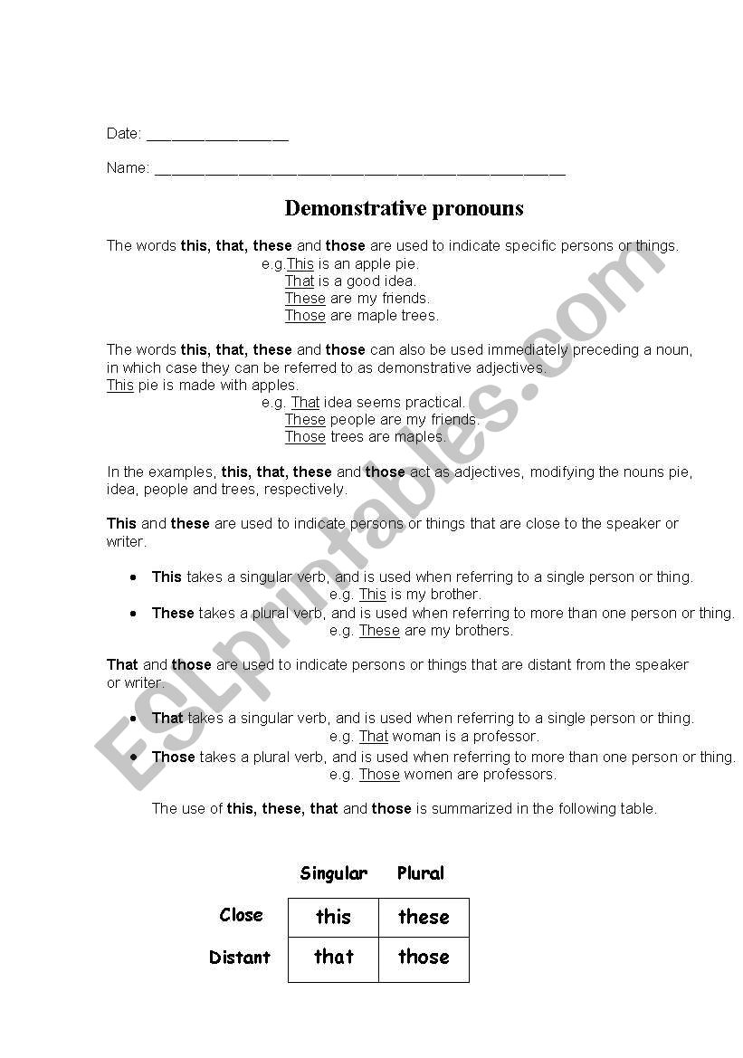 Demonstrative Pronouns worksheet