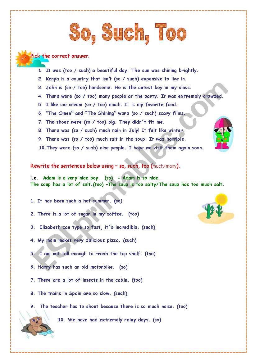 So, Such and Too worksheet