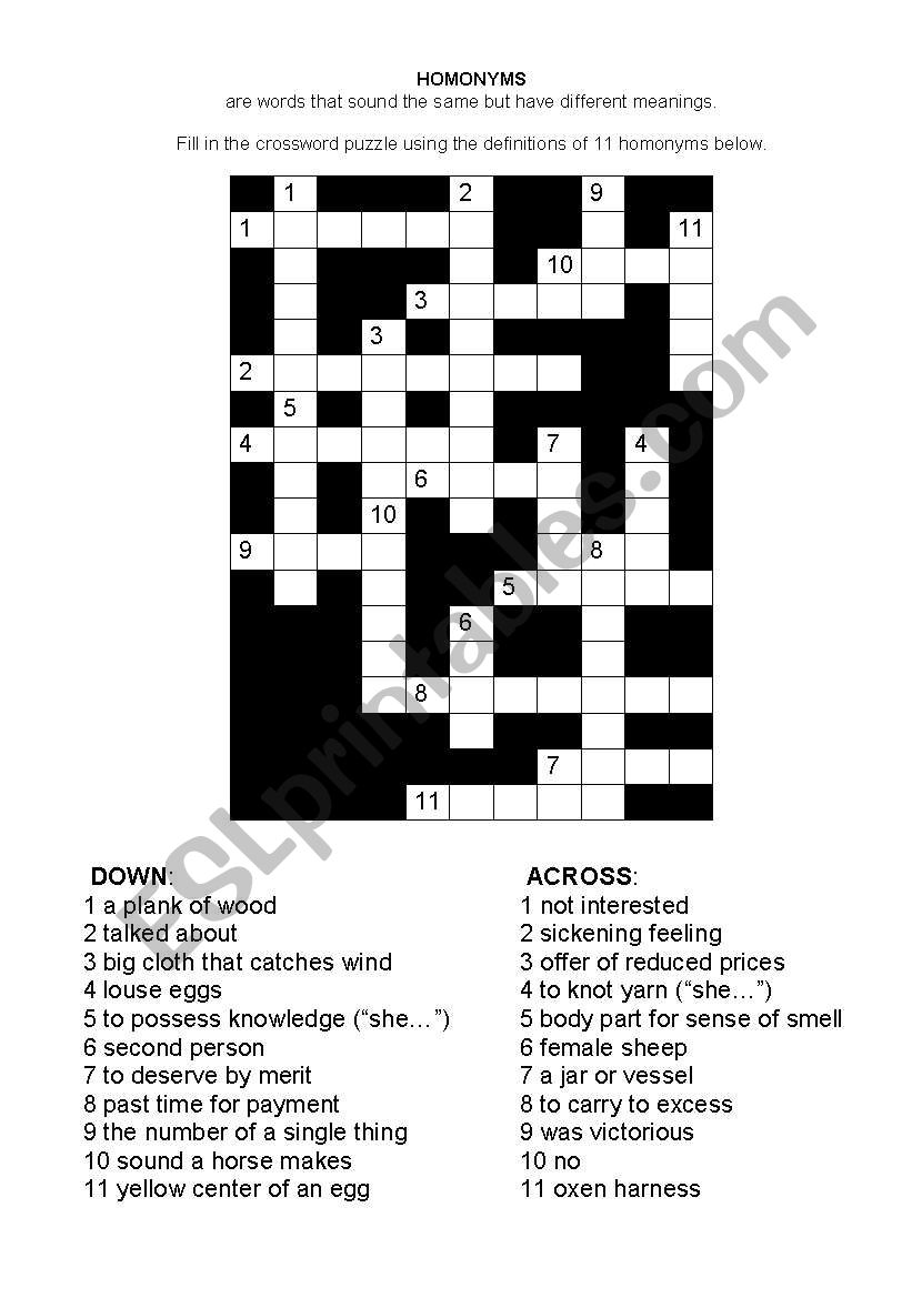 homonym crossword puzzle worksheet