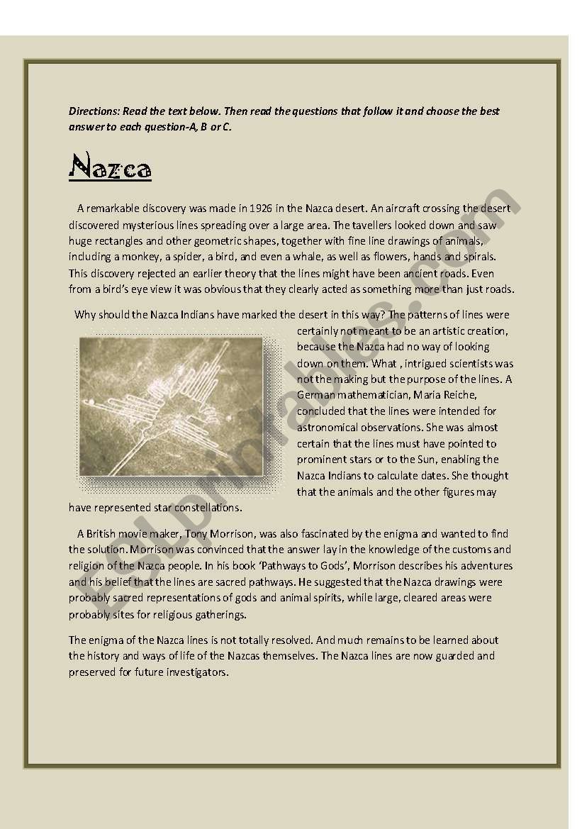 Mystery of the Nazca desert- reading comprehension