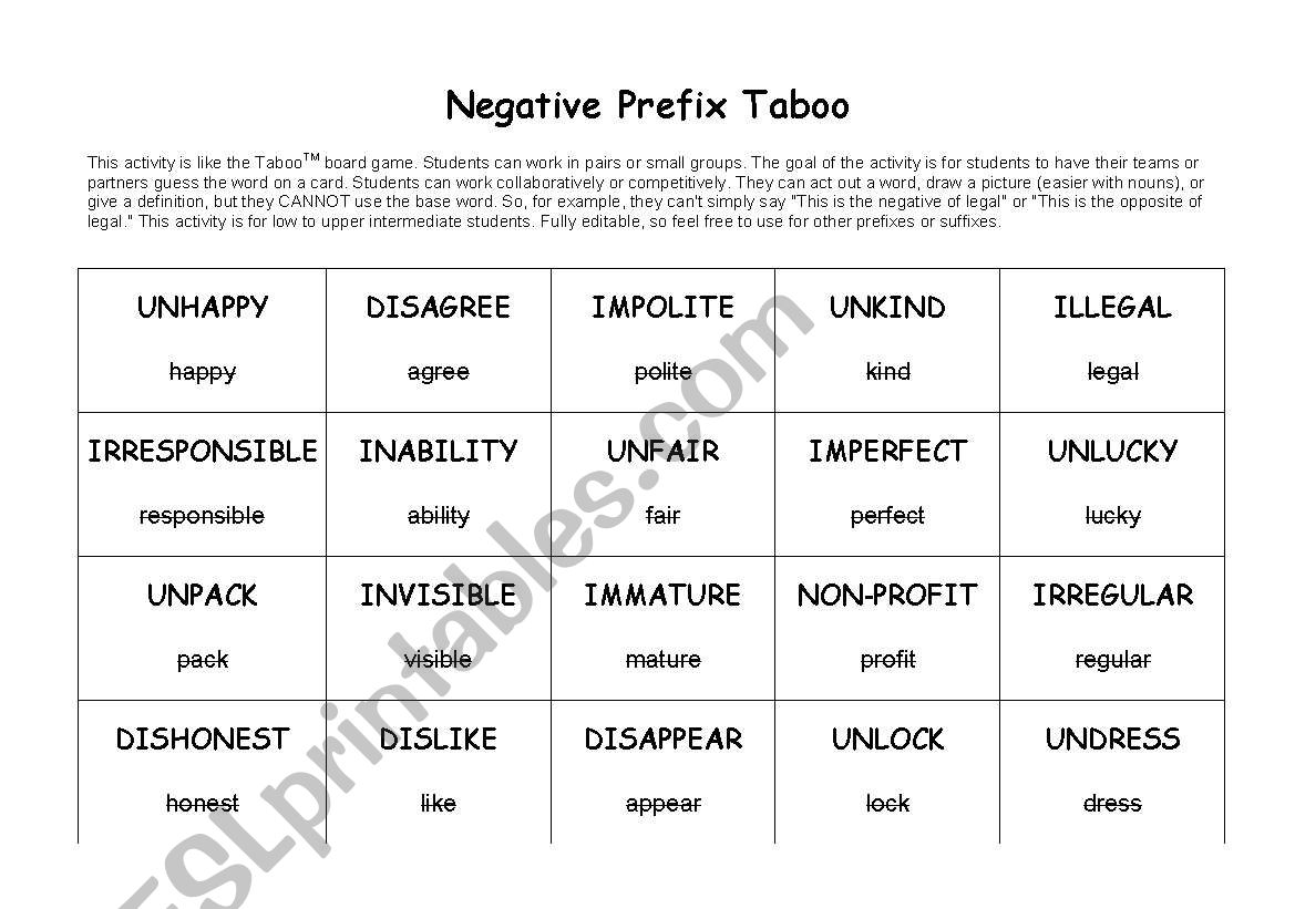 Negative Prefix TabooTM worksheet