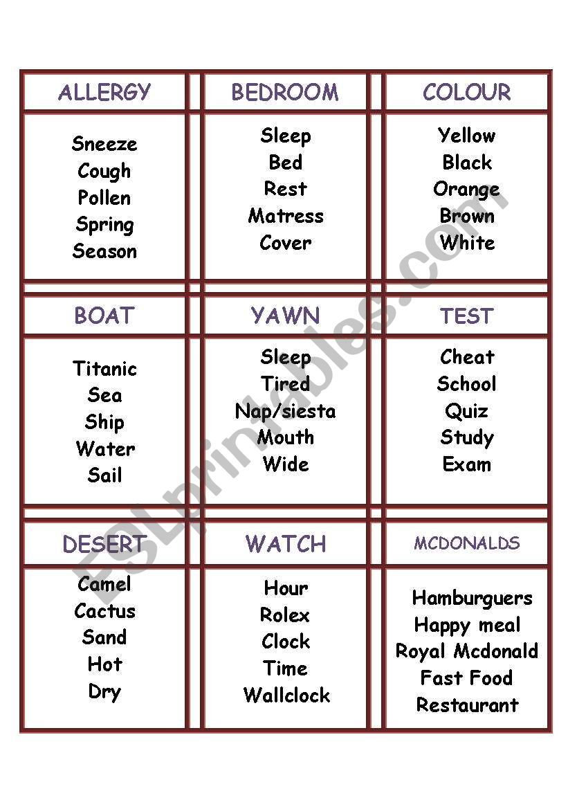 Taboo worksheet