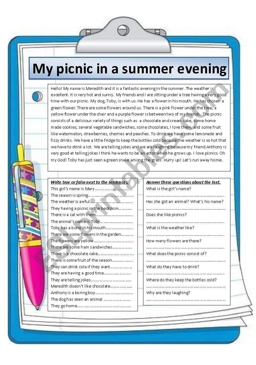 my picnic in a summer evening worksheet