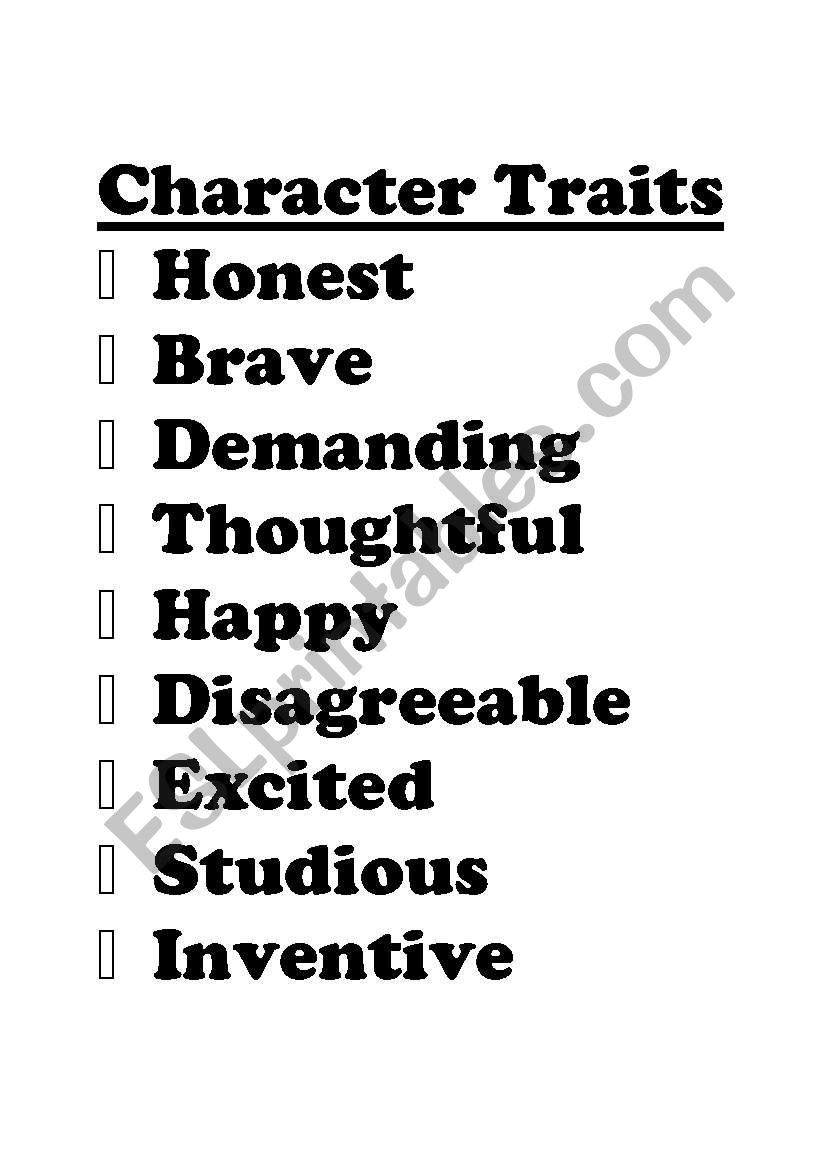 Character Traits Signs worksheet