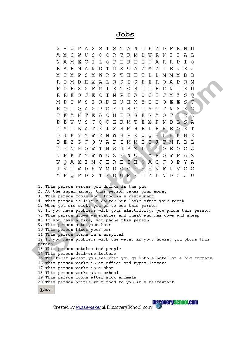 Jobs Wordsearch worksheet