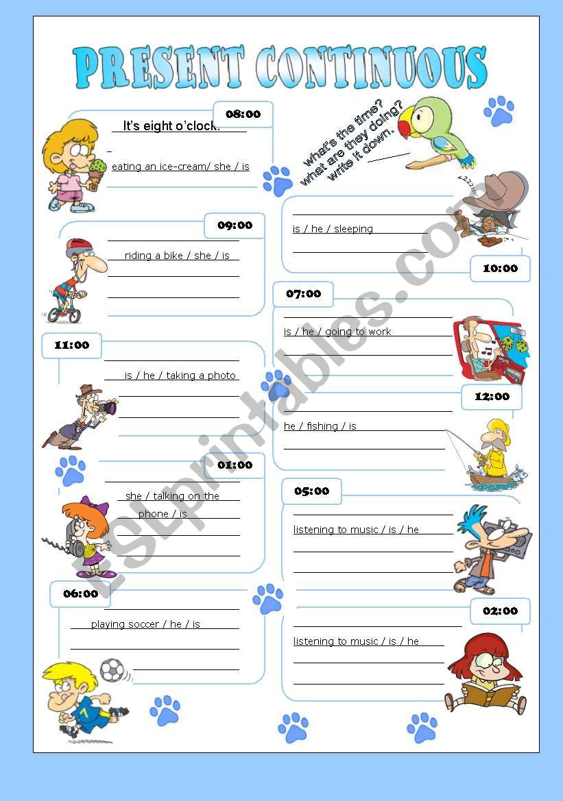 present continuous and clock worksheet