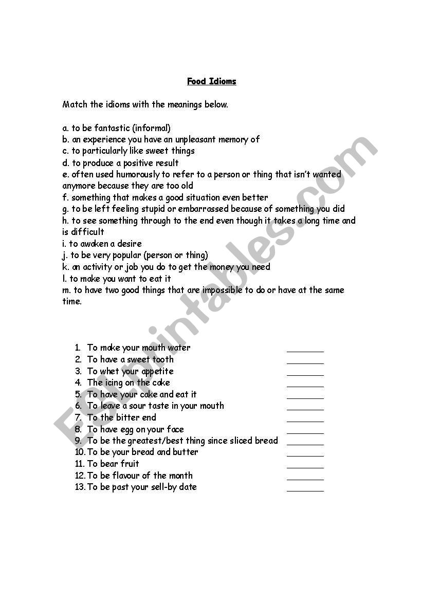 Food Idioms worksheet