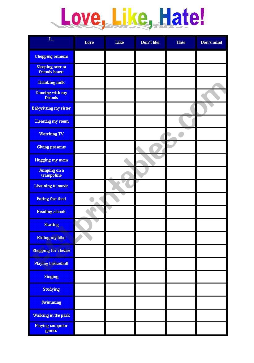 Love, like, don´t like, hate and don´t mind Love, like, don´t like, hate and don´t mind