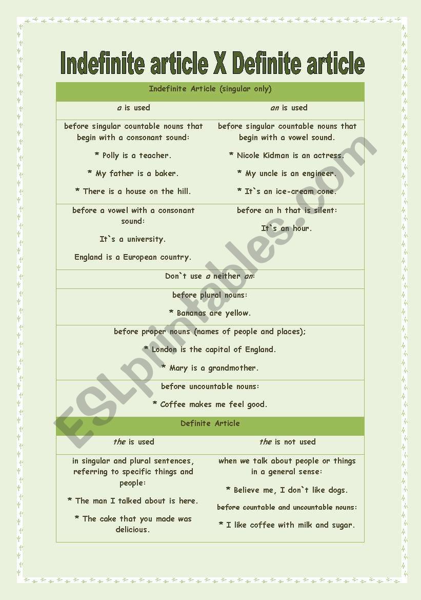 Indefinite article X Definite article