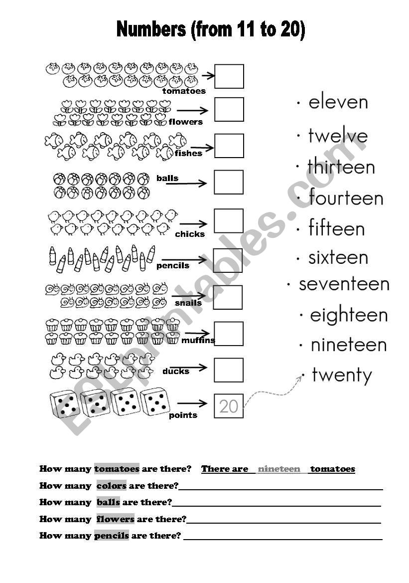 Numbers from 11 - 20 worksheet