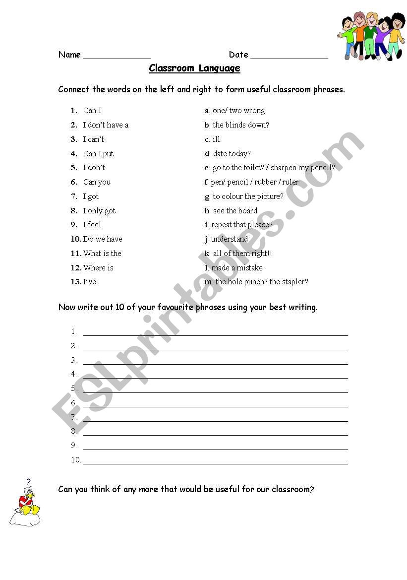 Classroom Language worksheet