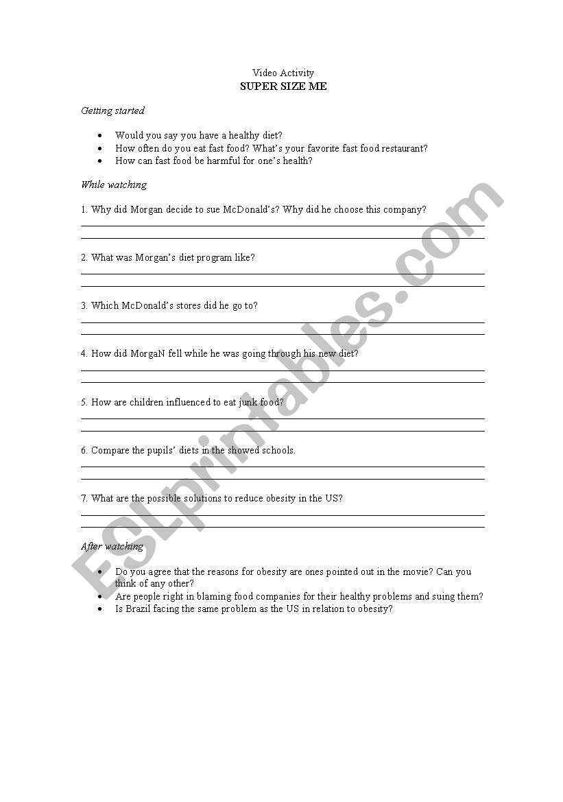 Supersize me worksheet