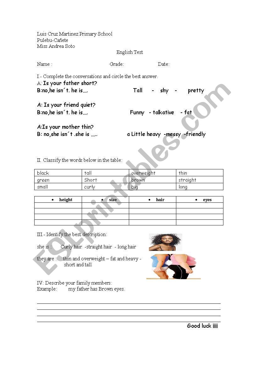 description test worksheet