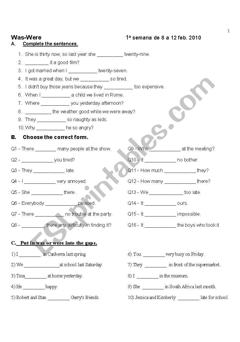 Past to be quiz worksheet