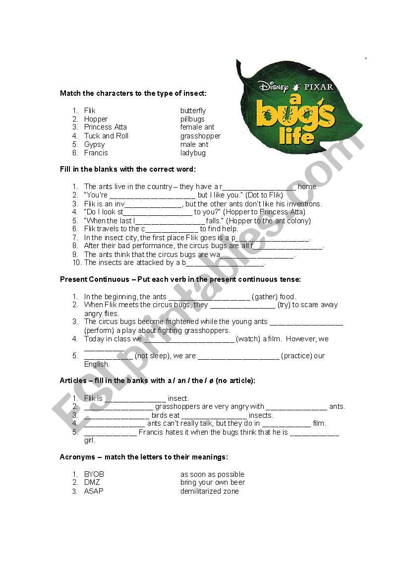 A Bugs Life worksheet