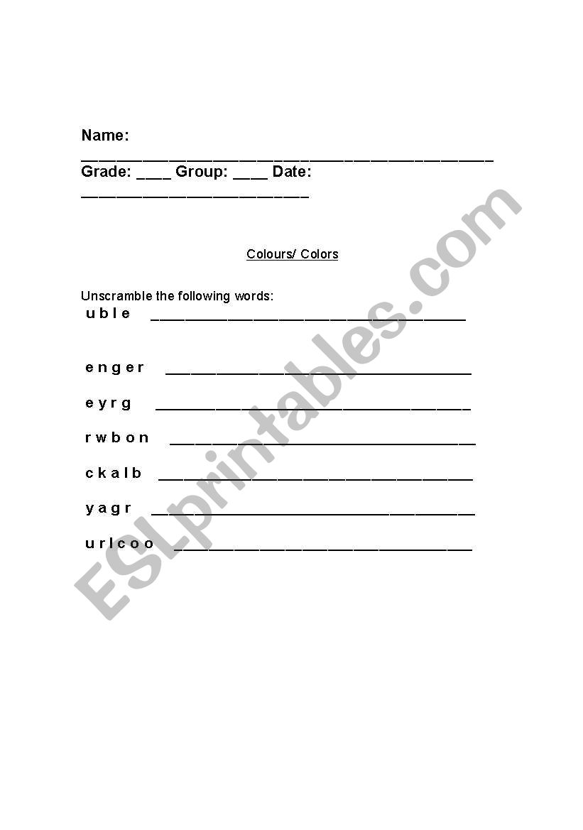 Colours - Unscramble worksheet