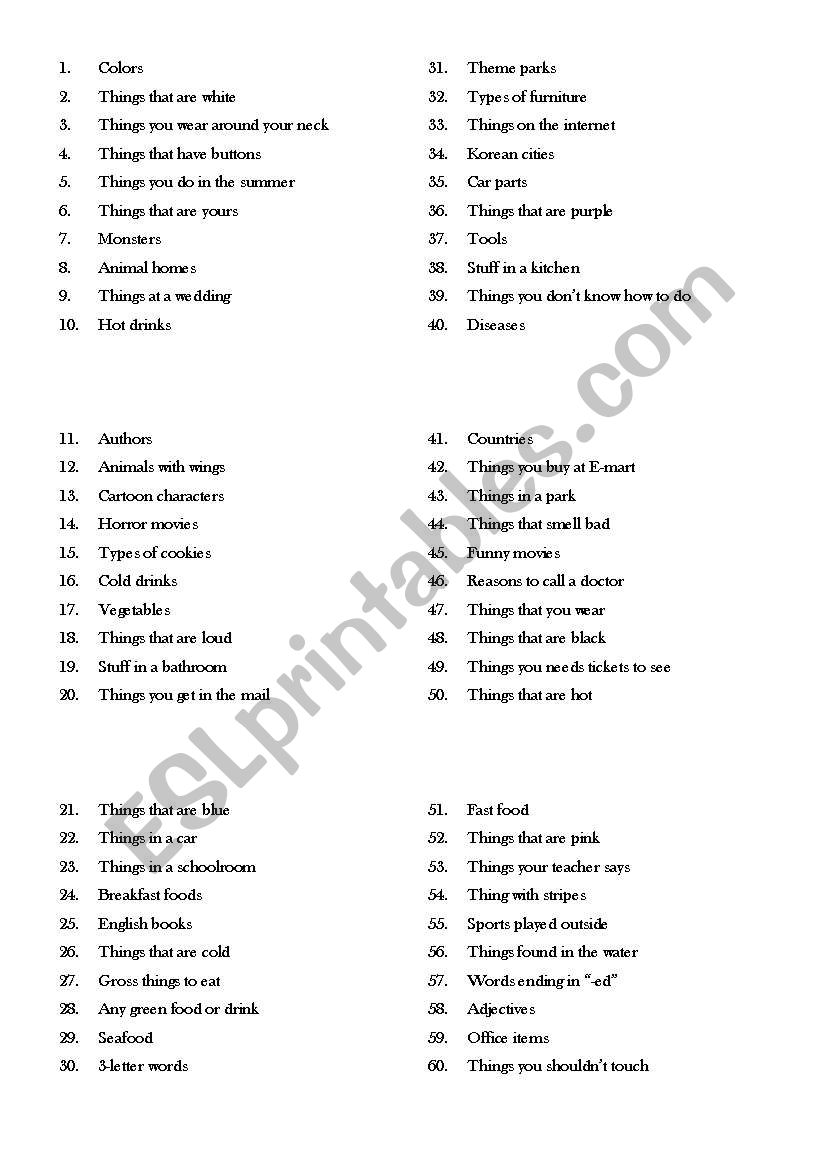 Scattegories Lists worksheet Scattegories Lists worksheet