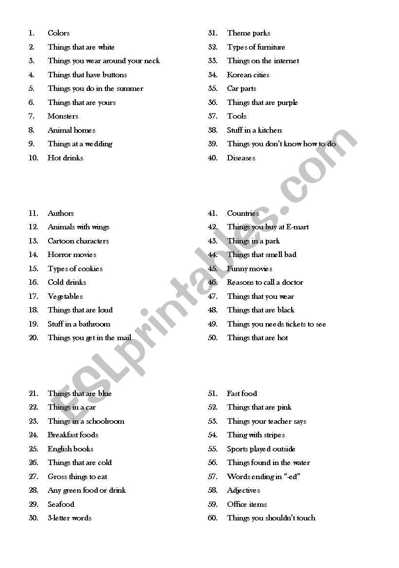 Scattegories Lists worksheet