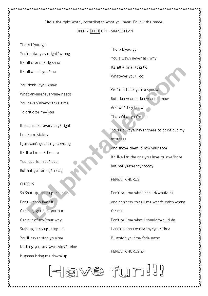 Shut up! - Simple Plan worksheet