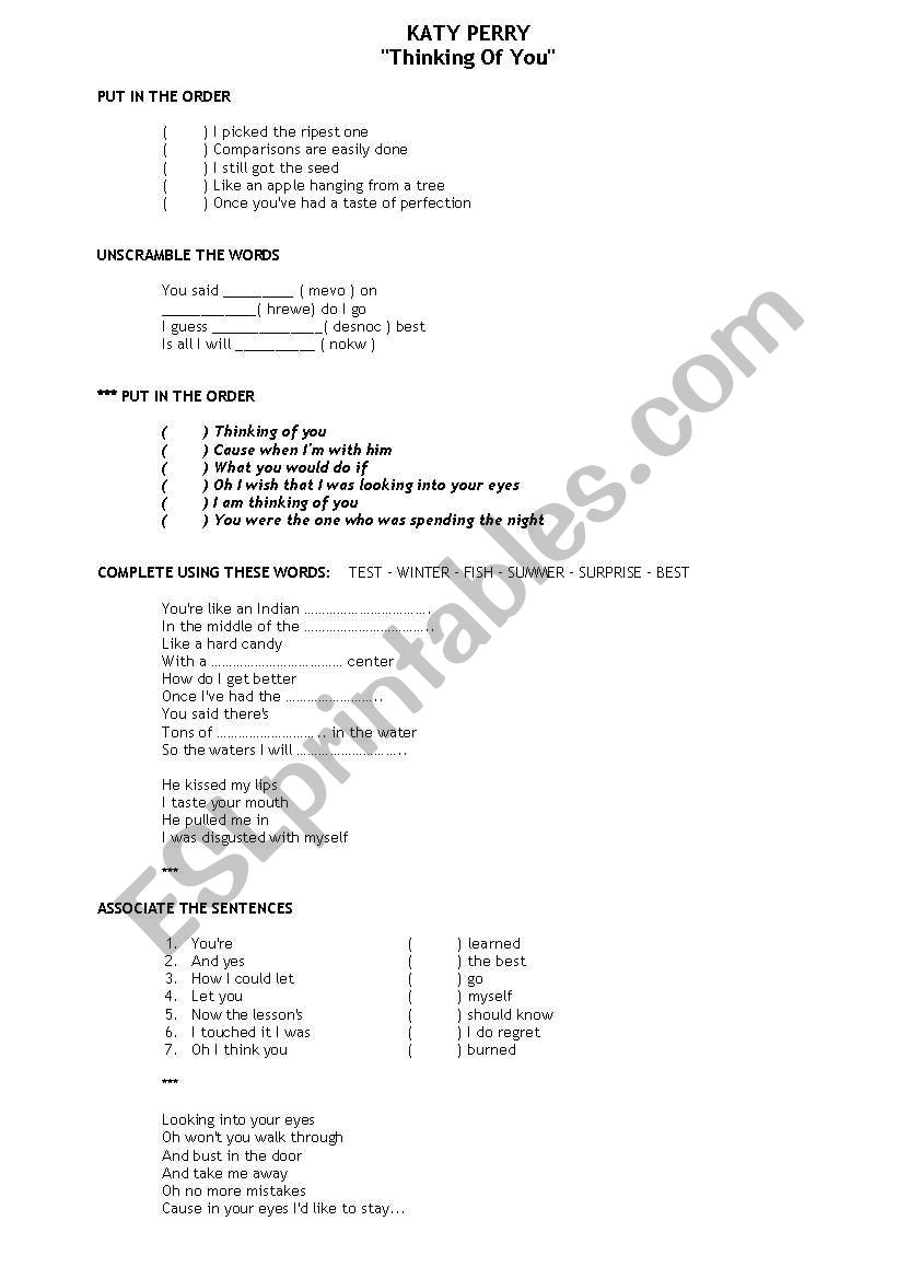 Katy Perry - Thinking of you worksheet