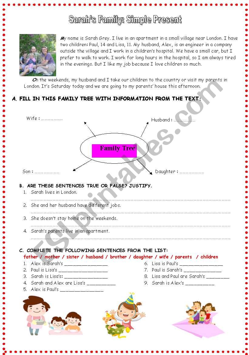 Sarahs Family; Simple Present and Family Tree