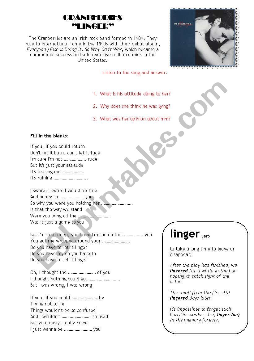 Cranberries - Linger worksheet