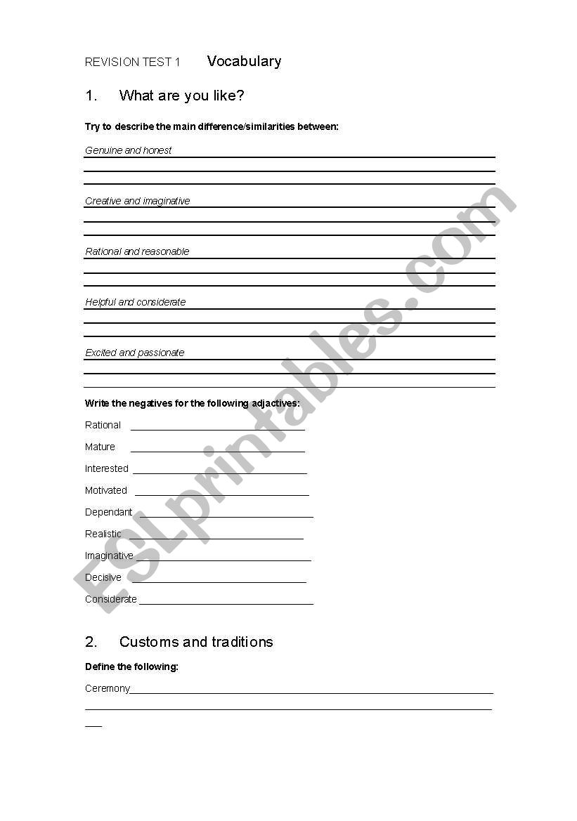 revision test worksheet