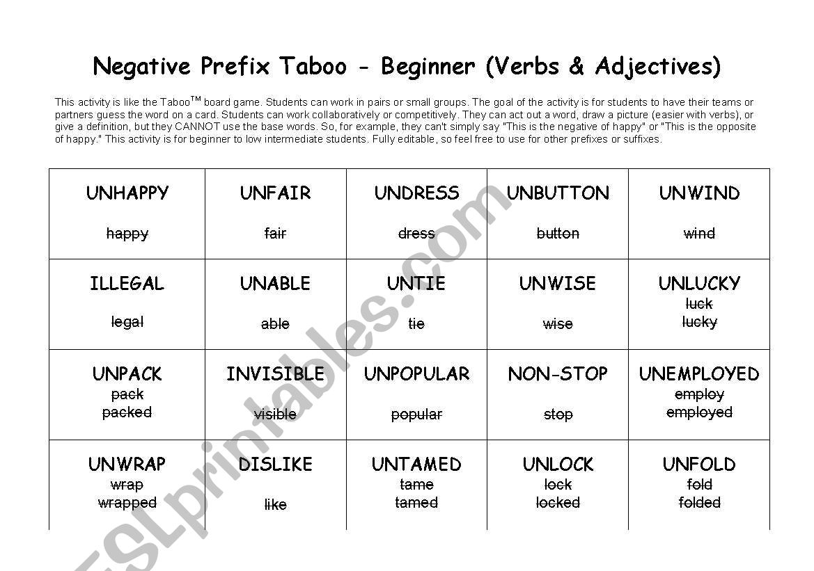 Negative Prefix Taboo - Beginner (Verbs & Adjectives)
