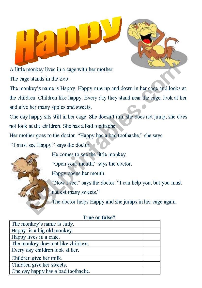 Happy the monkey worksheet