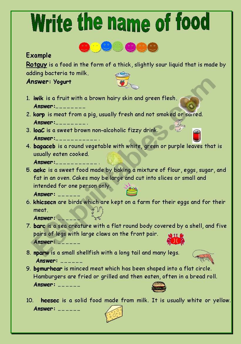 write the name of food worksheet