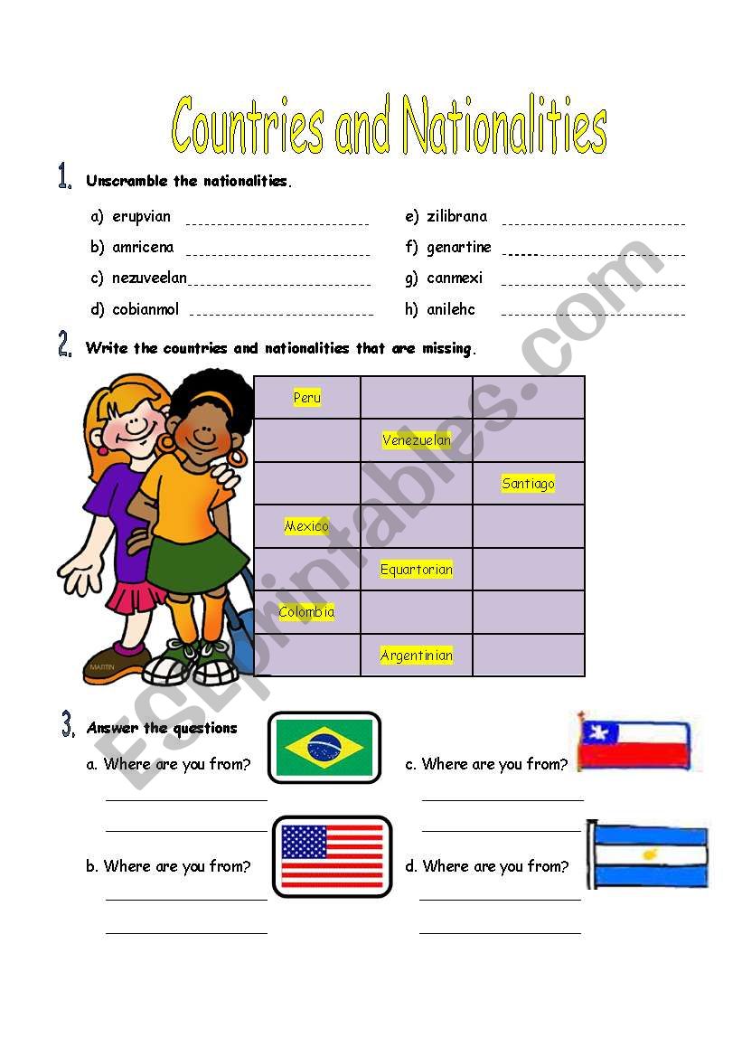 Countries and nationalities worksheet