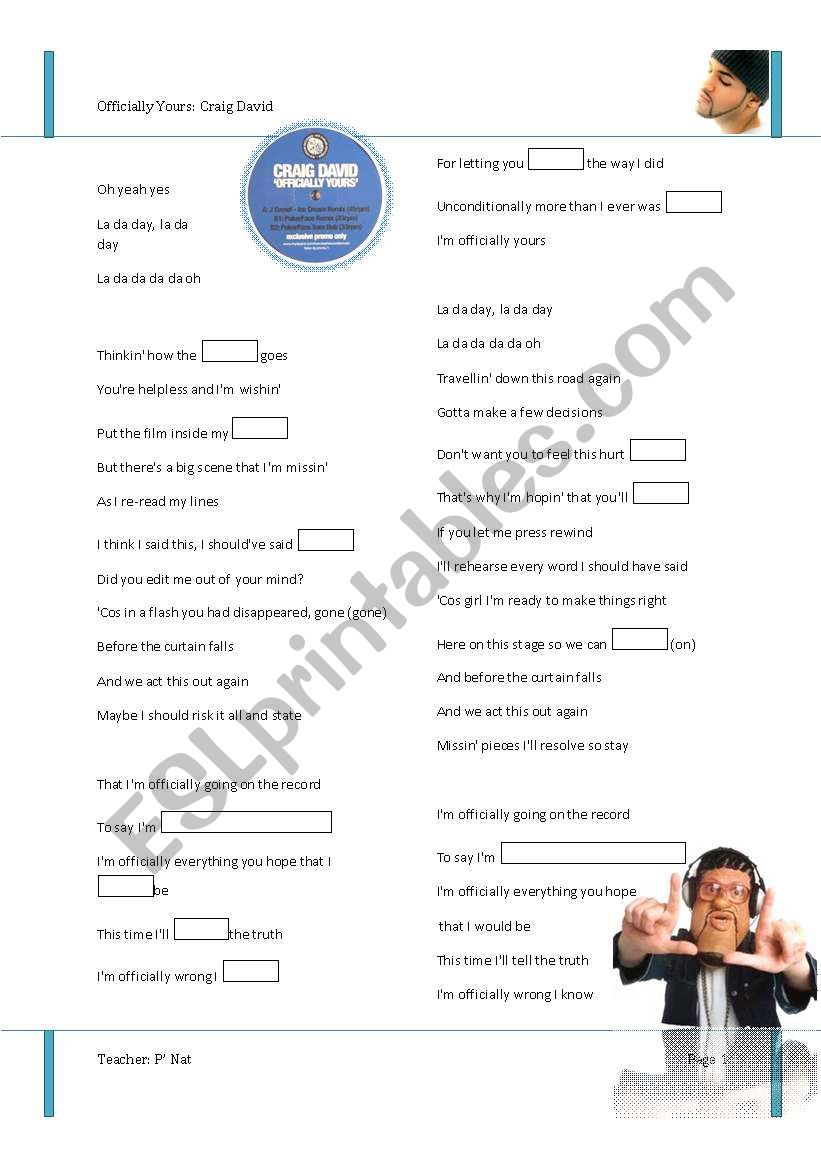 Officially Yours; Craig David worksheet