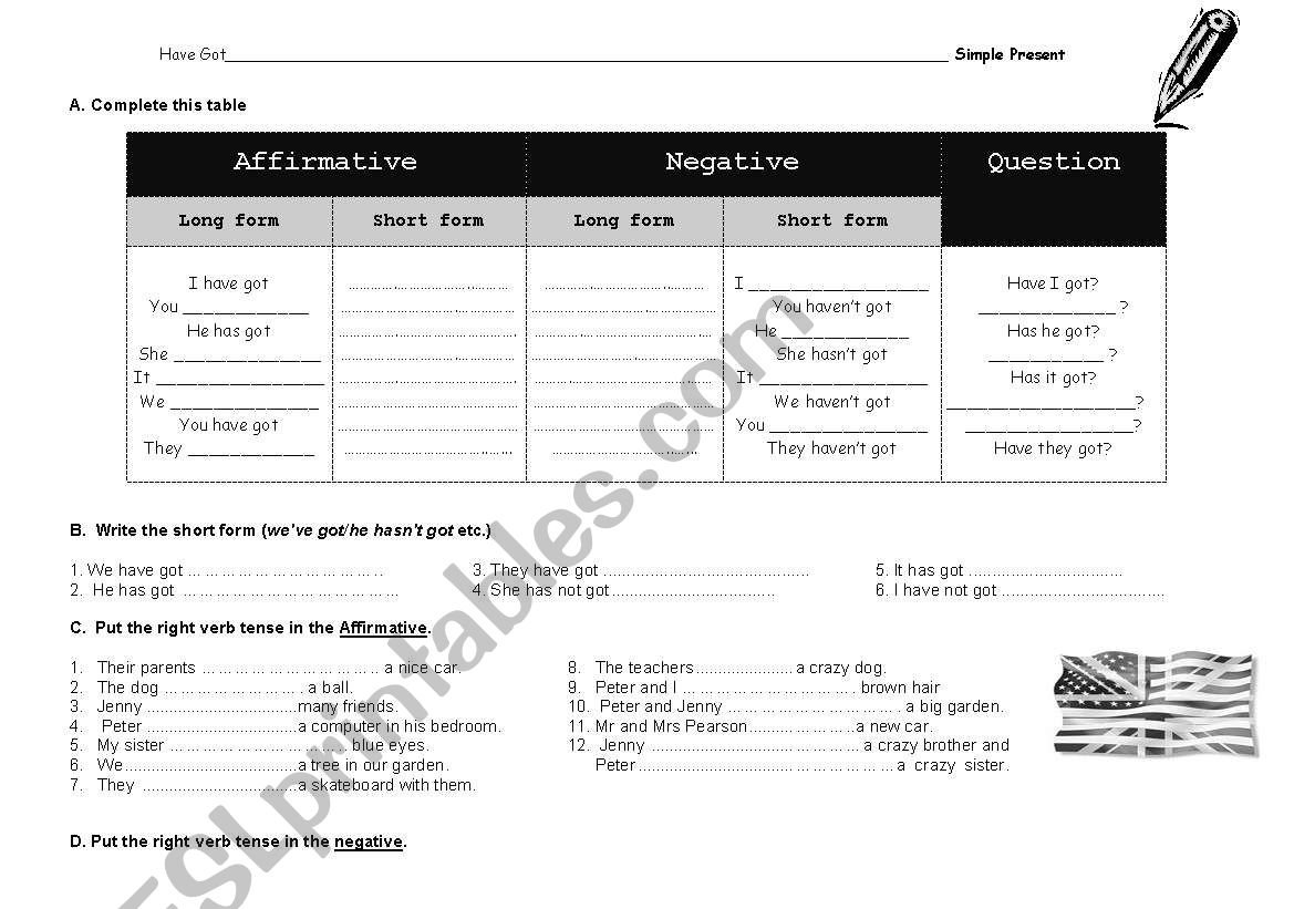 Verb to have got - exercises worksheet