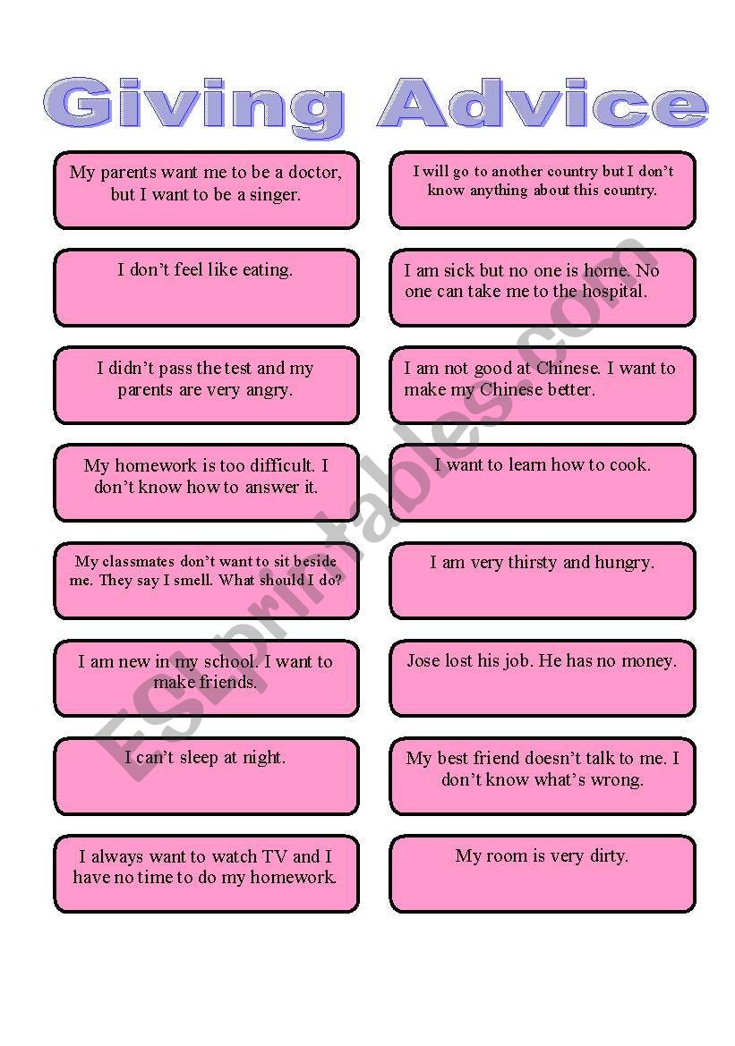 Speaking situations. Should giving advice Worksheet. Giving advice Worksheets. Giving advice speaking Cards. Give advice should Worksheet.