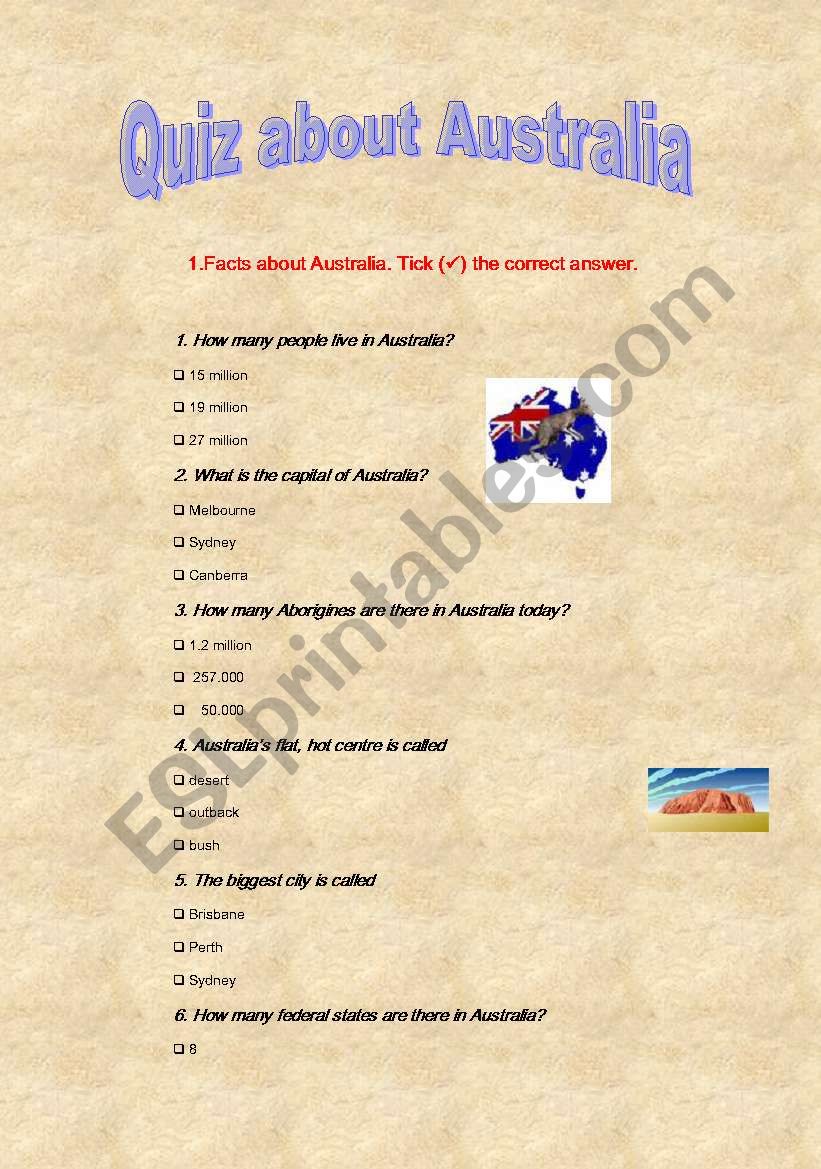 Quiz about Australia worksheet