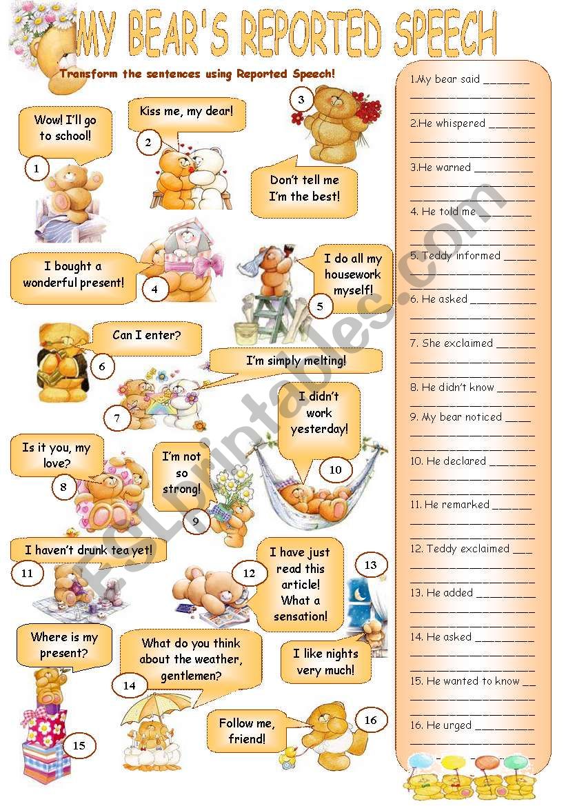 MY BEARS REPORTED SPEECH worksheet