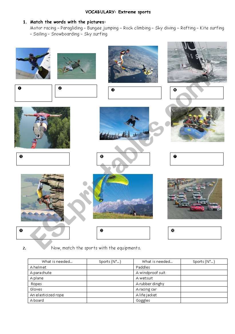 Extreme sports worksheet