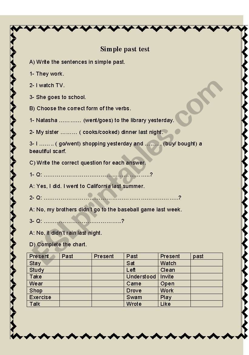 simple past test worksheet