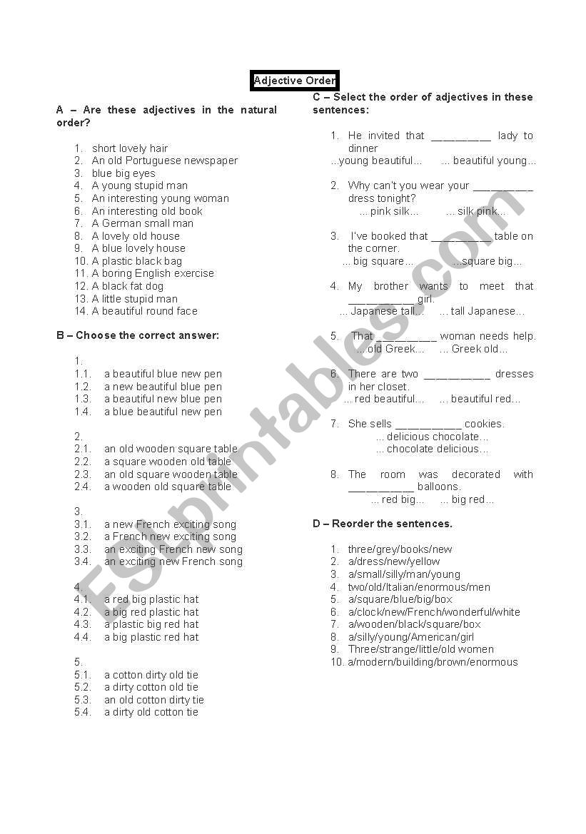 The order of the adjectives worksheet