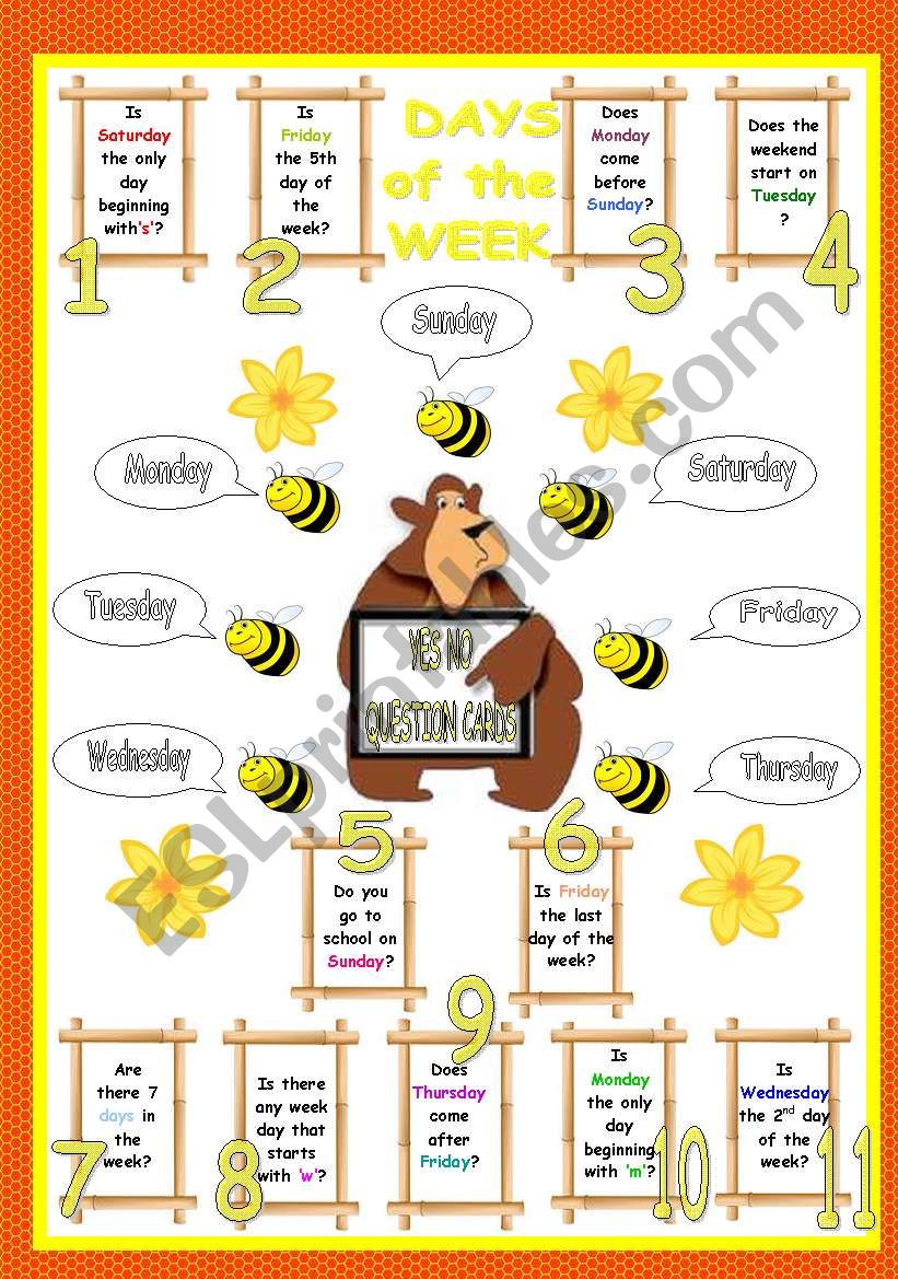 Days of the week yes no question cards (editable)