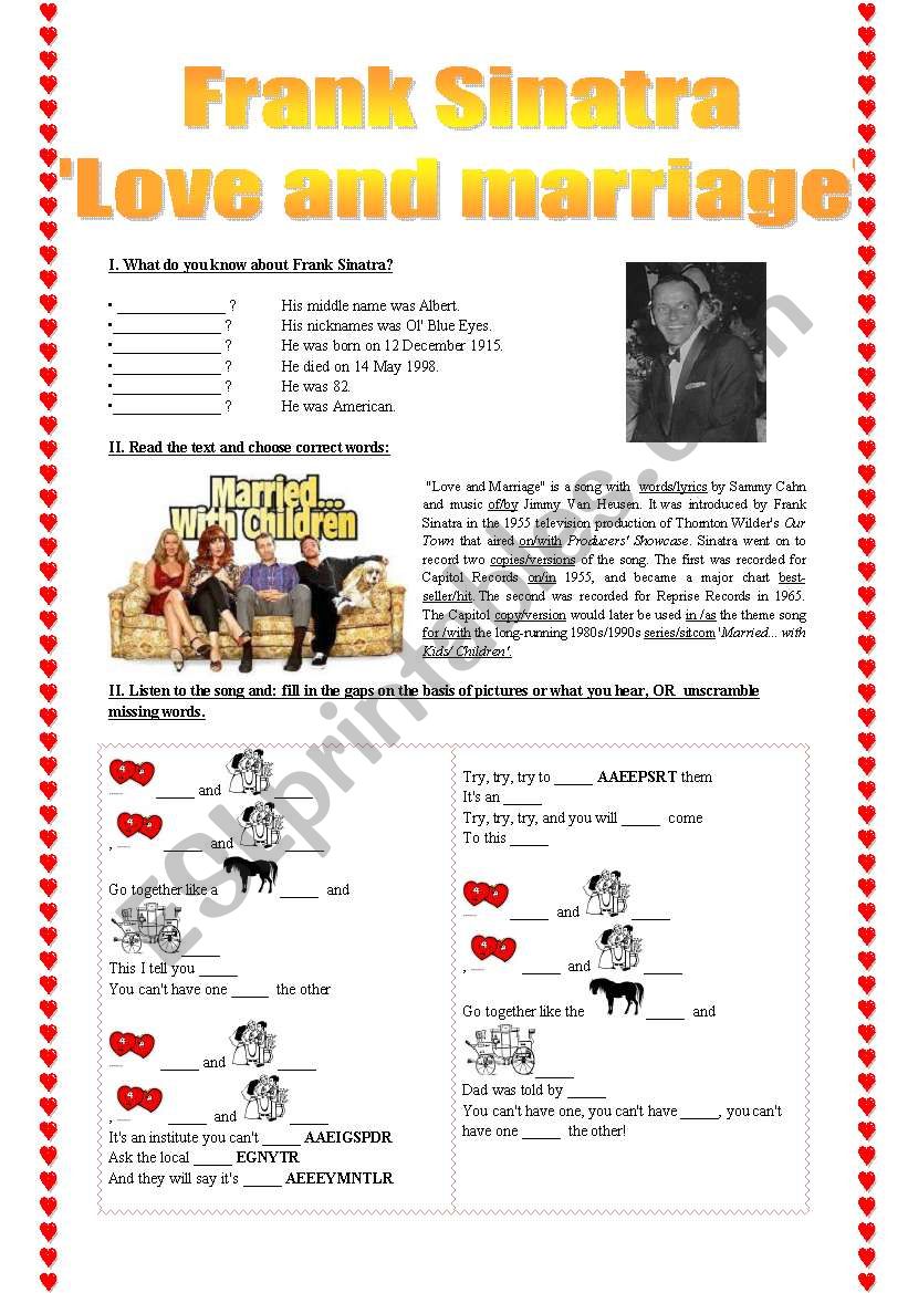 Frank Sinara Love and Marriage song-based activity (fully editable + answer key)