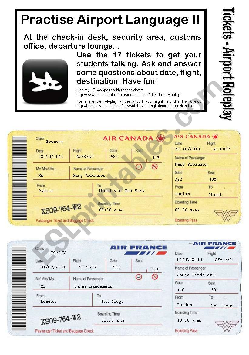 No.2 - AIRPORT/HOLIDAY LANGUAGE GAME- 17 Tickets - Roleplay - Practise speaking at check-in, customs, waiting area