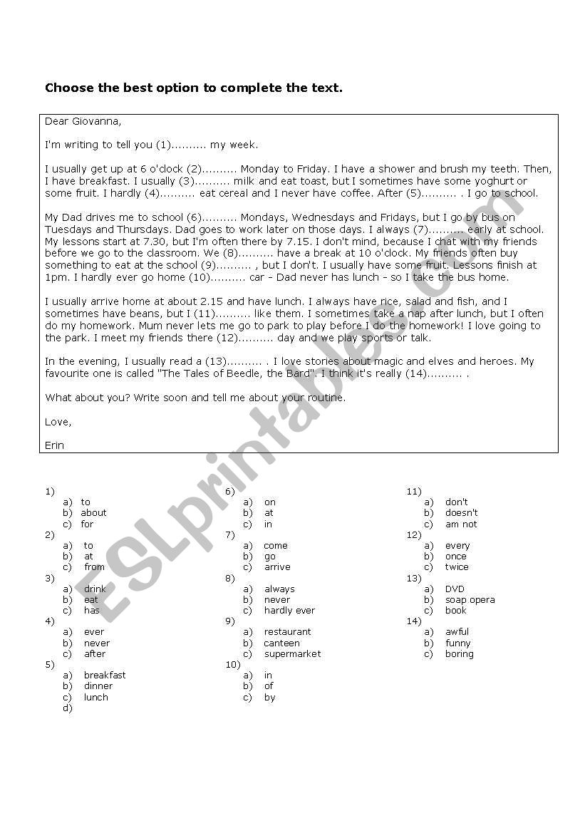 Routines - Cloze worksheet